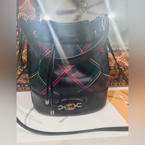 EUC Ralph Lauren Plaid Leather Large Andie Drawstring Bag - Picture 2 of 3